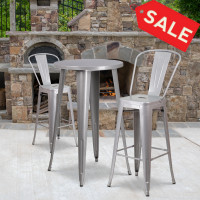 Flash Furniture CH-51080BH-2-30CAFE-SIL-GG 24" Round Metal Bar Table Set with 2 Cafe Barstools Set in Silver